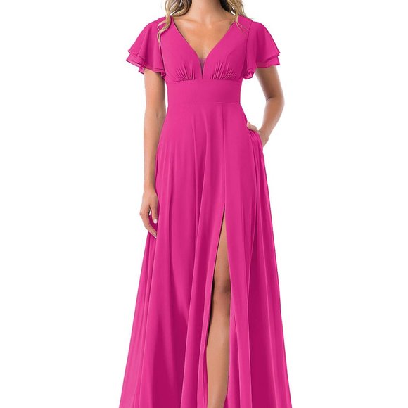Azazie Ashika A-Line Ruched Chiffon Floor-Length Dress Fuchsia - 20 - Picture 2 of 7